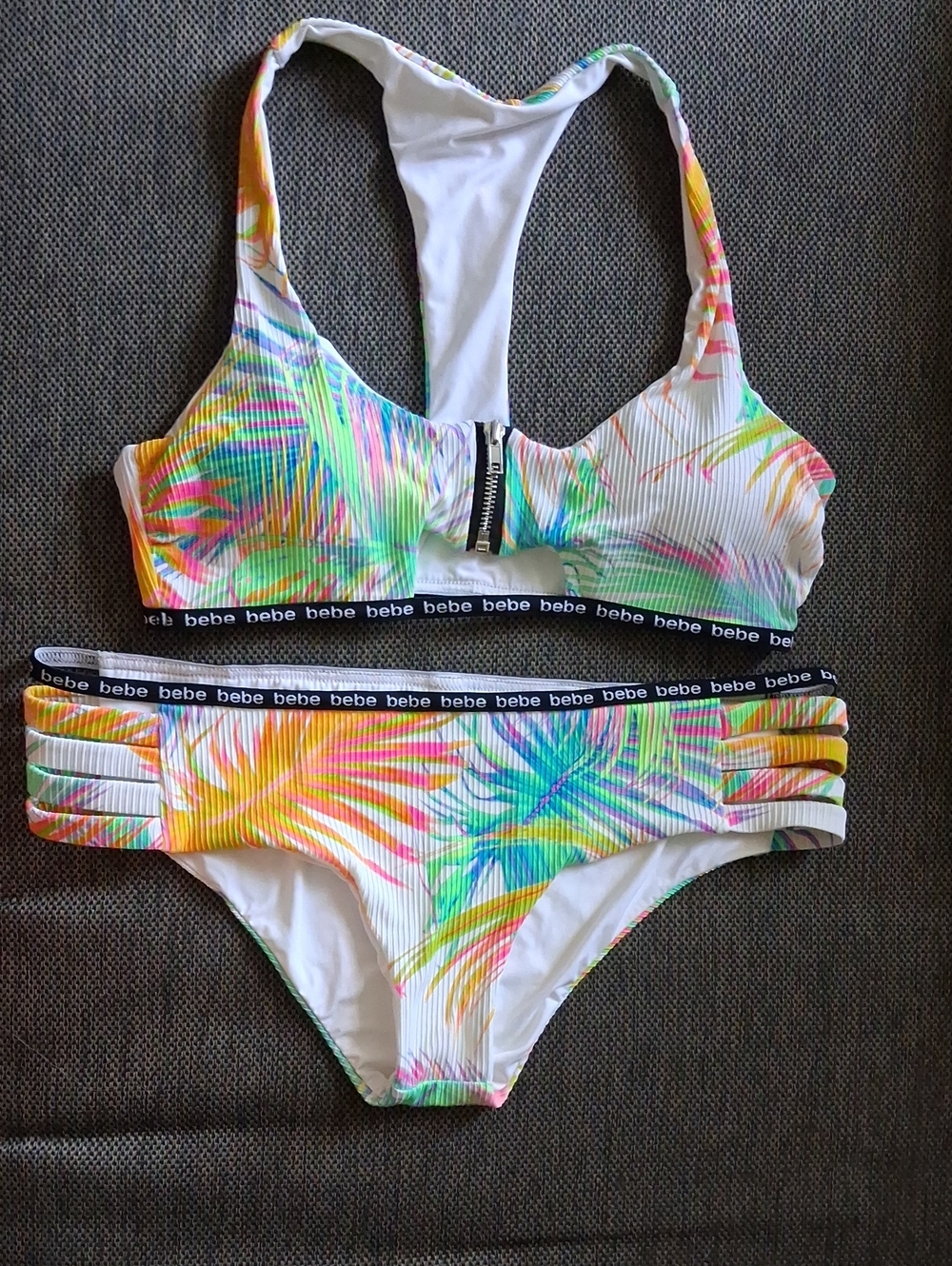 bebe White Tropical Palm Print Zip-Front Bikini    '